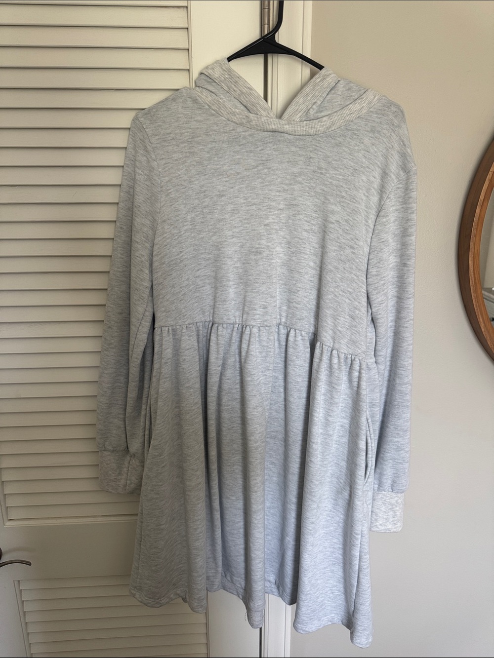 Women’s Hooded Sweater Dress in Light Heather Gray with pockets